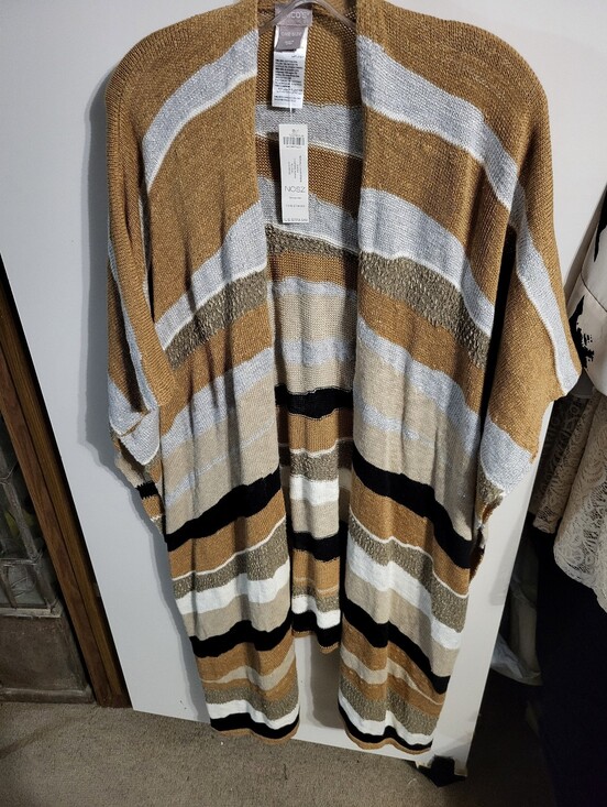 Chico's Sweaters - Chico's Beige Brown Gray White Colorblock Open Front Poncho NEW SZ One Size